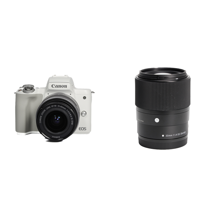 Canon 小型軽量カメラu0026明るい単焦点セット EOS Kiss M2 15-45mm レンズキット [ホワイト] + 30mm F1.4 DC DN